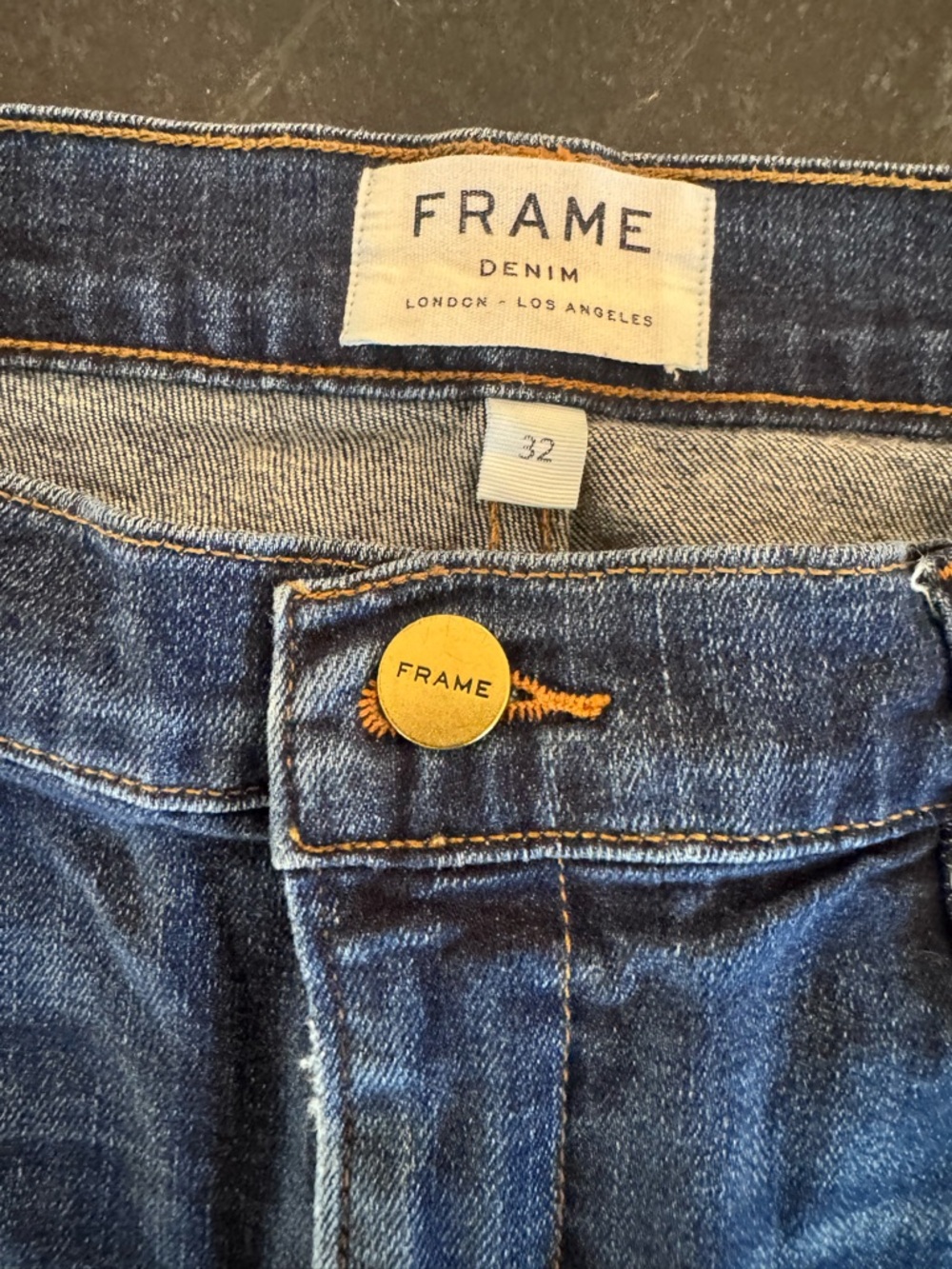 Frame Denim Women’s Straight Leg Jeans — Indigo Blue with Gold Button